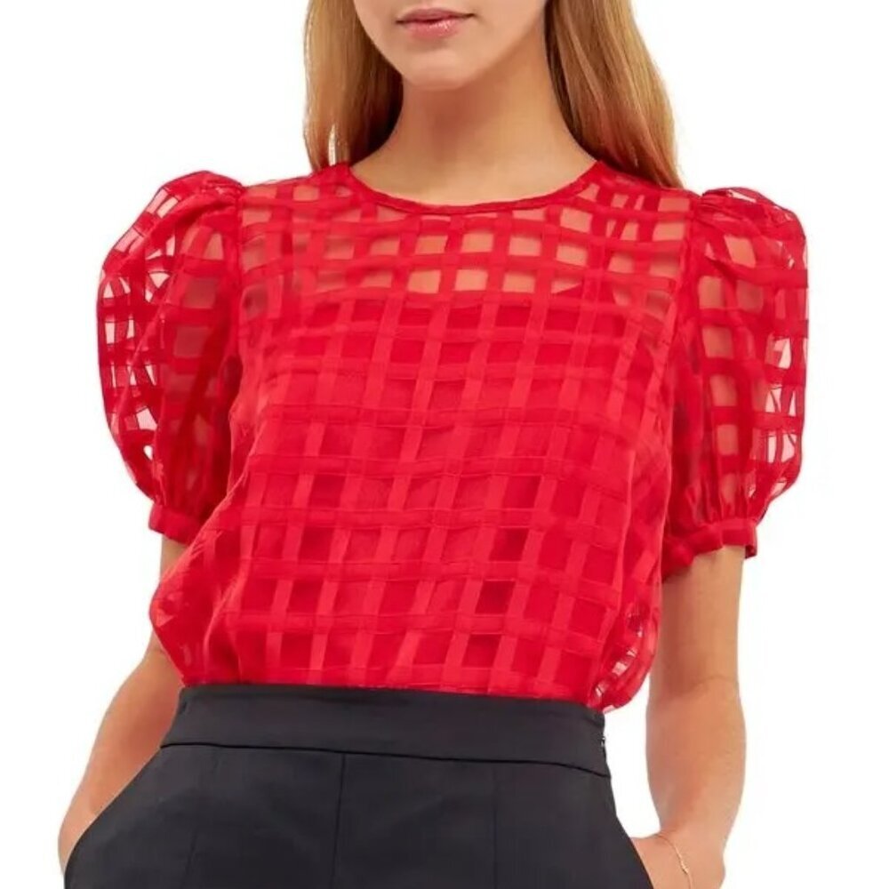 NEW English Factory Red Windowpane Sheer Puff Sleeve Top Sz S